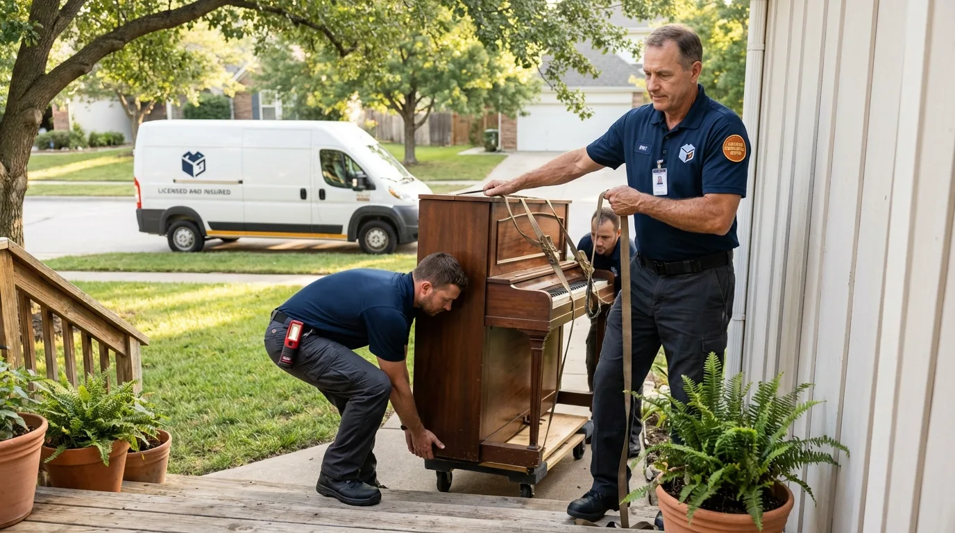 Licensed piano movers securing grand piano in Carlisle, PA