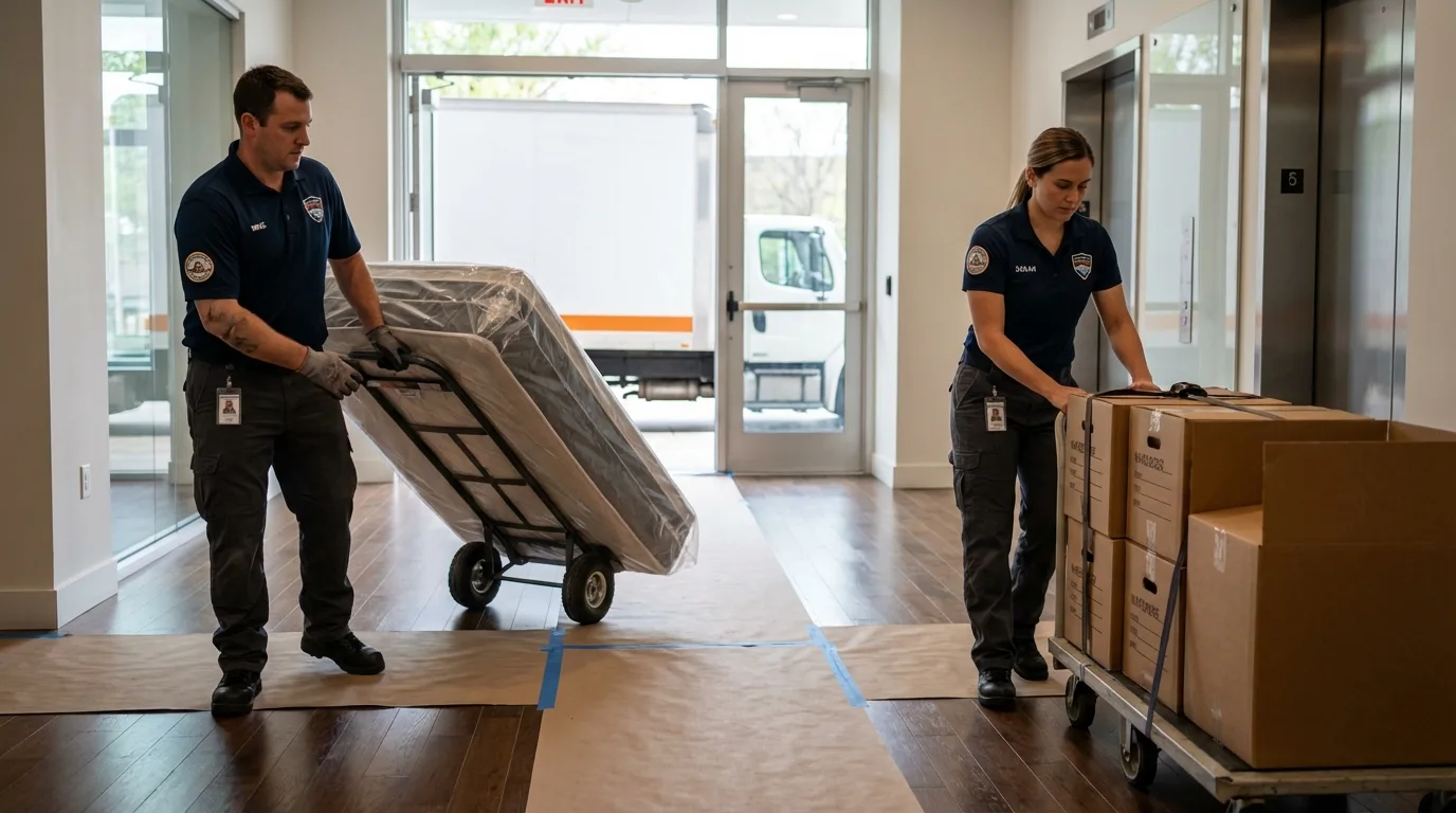Professional apartment movers loading elevator in Carlisle, PA